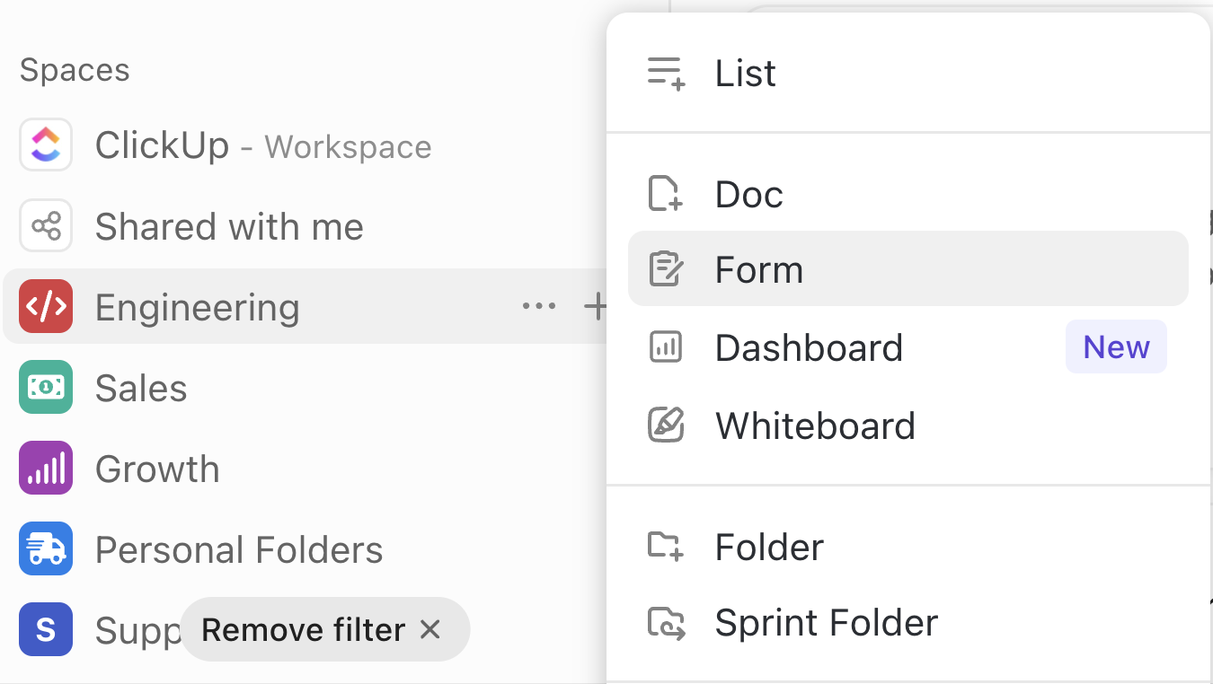 Creating a form from the sidebar in ClickUp
