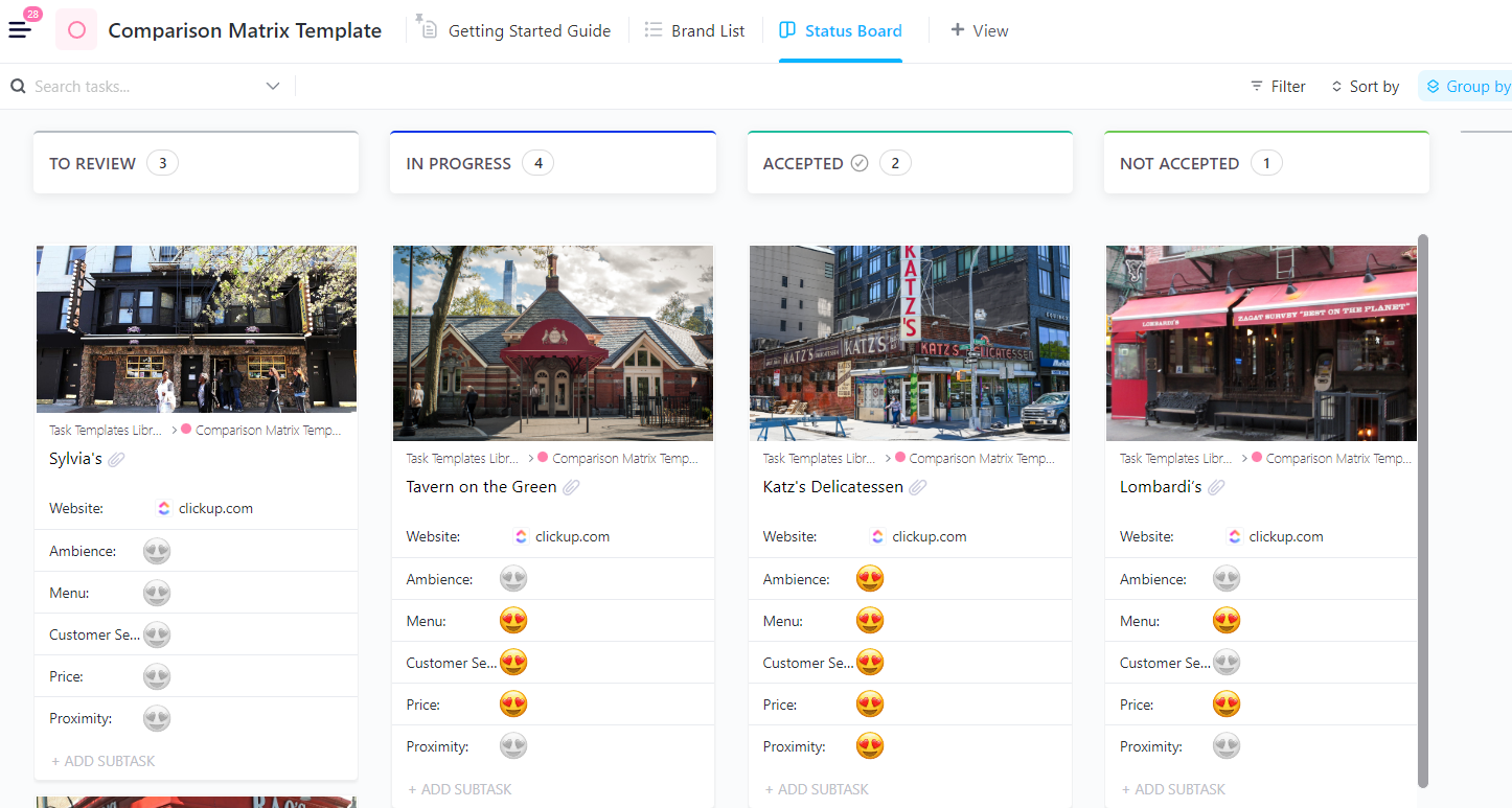 Compare products, vendors, or strategies side-by-side for smarter decisions with ClickUp Comparison Matrix Template