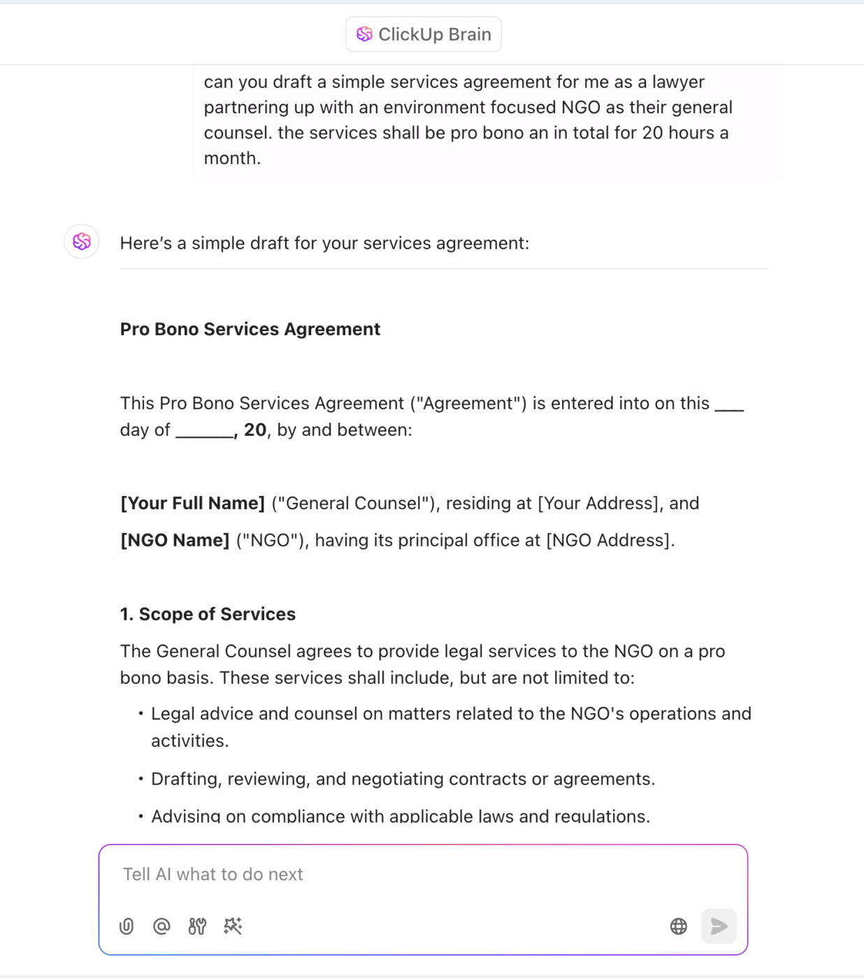 use ClickUp Brain to draft service agreements—but verify for accuracy