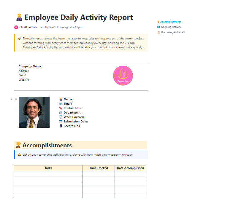 ClickUp Employee Daily Activity Report Template