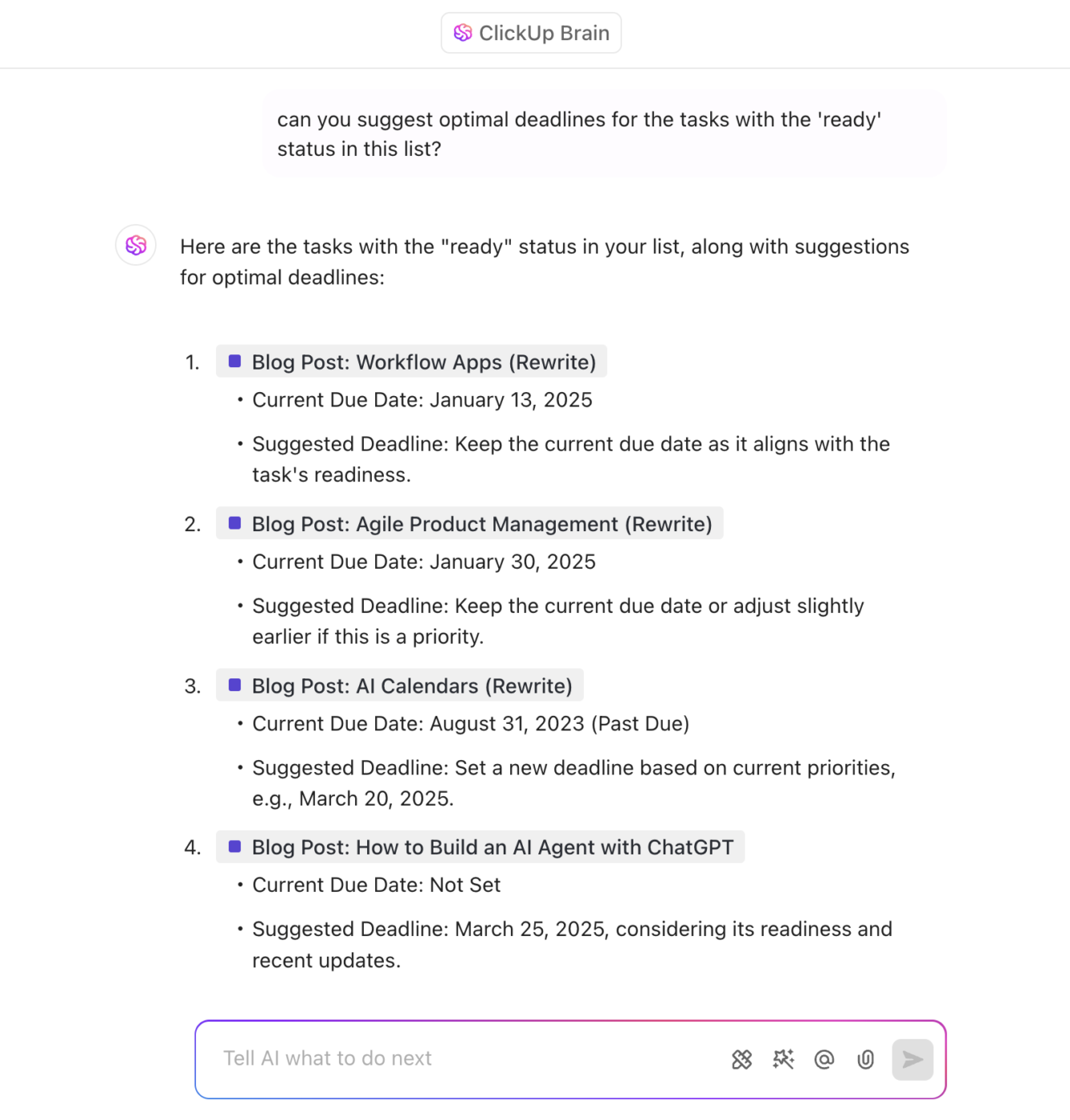 Get AI-driven scheduling recommendations with ClickUp Brain