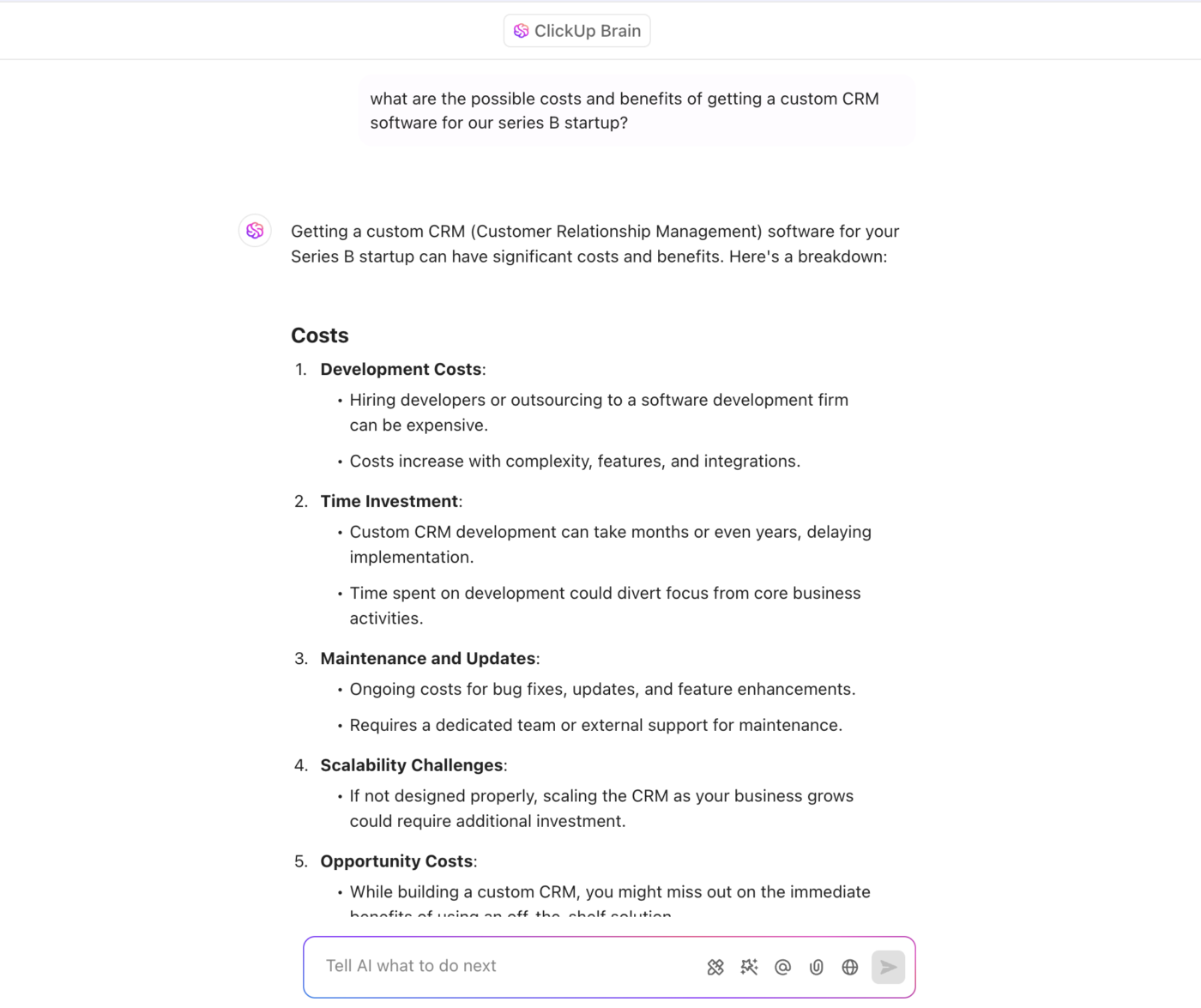 Perform a cost-benefit analysis with ClickUp Brain