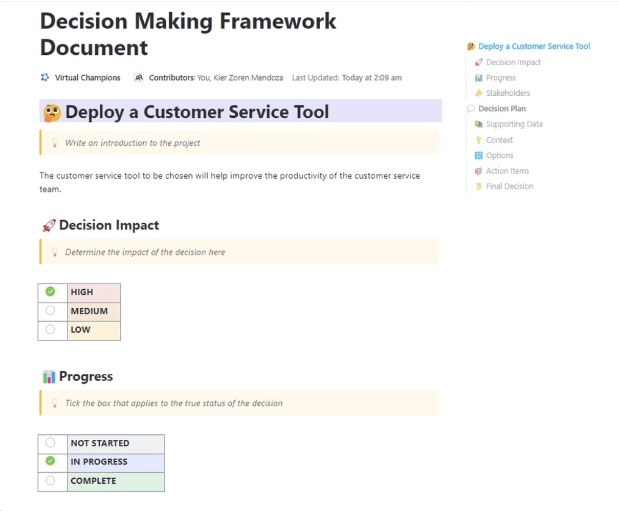 ClickUp Decision Making Framework Document Template