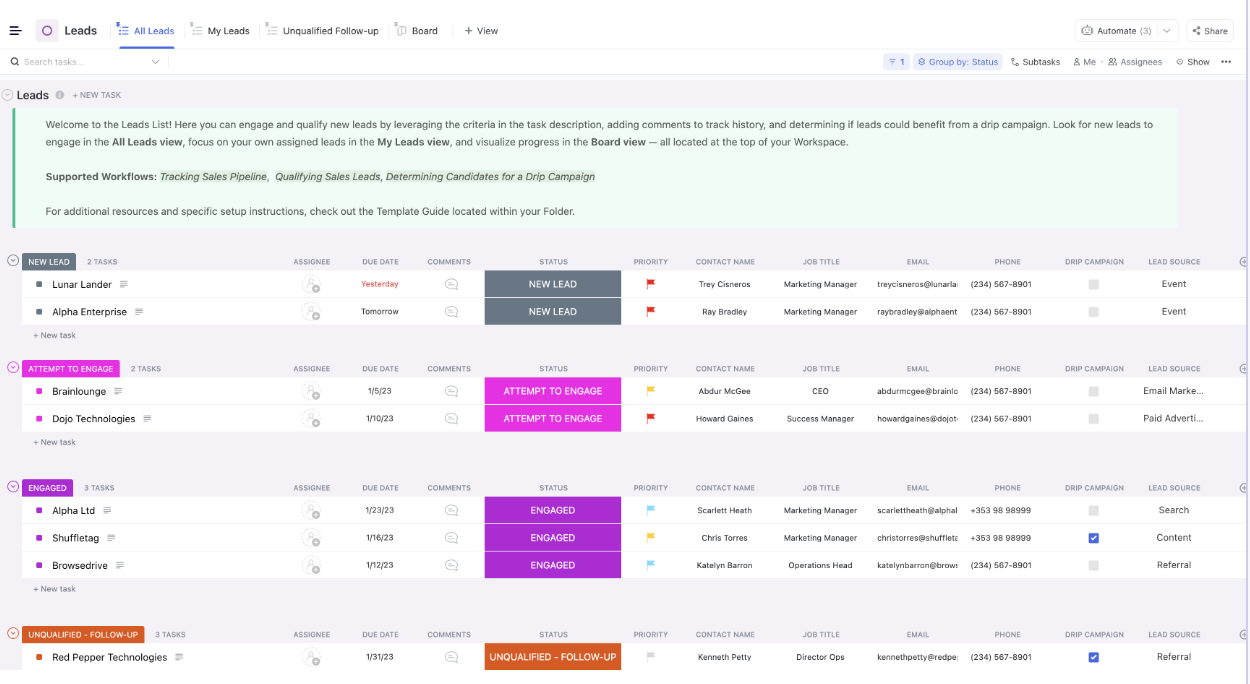 ClickUp’s CRM Template