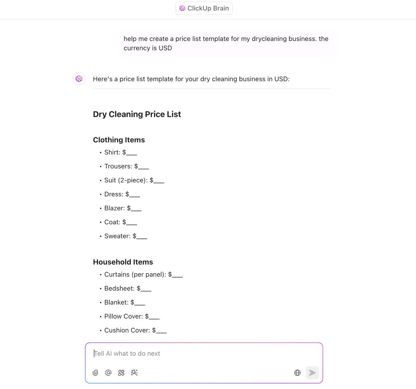 Creating a price list template in ClickUp Brain