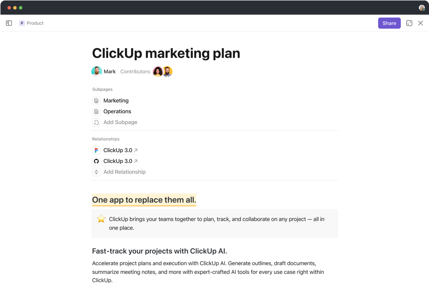 Get a quick view into all your connected Subpages and relationships on ClickUp Docs to stay organized and keep work connected