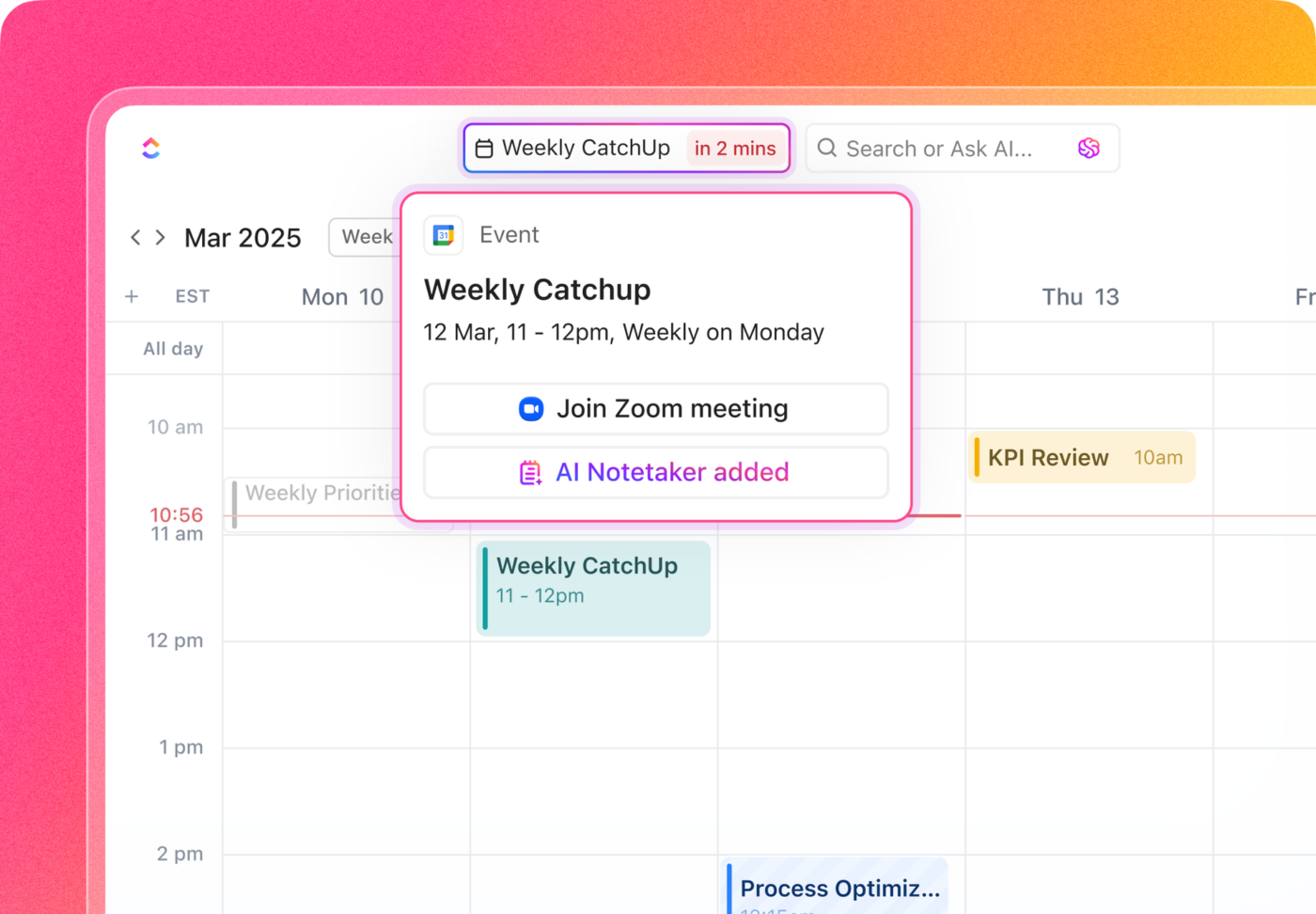 View meeting details, add or remove the AI Notetaker, and join meetings from your ClickUp Calendar