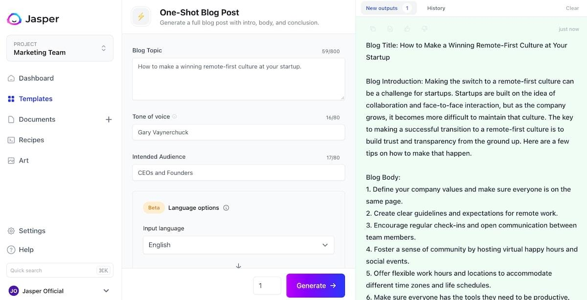 Jasper AI Dashboard