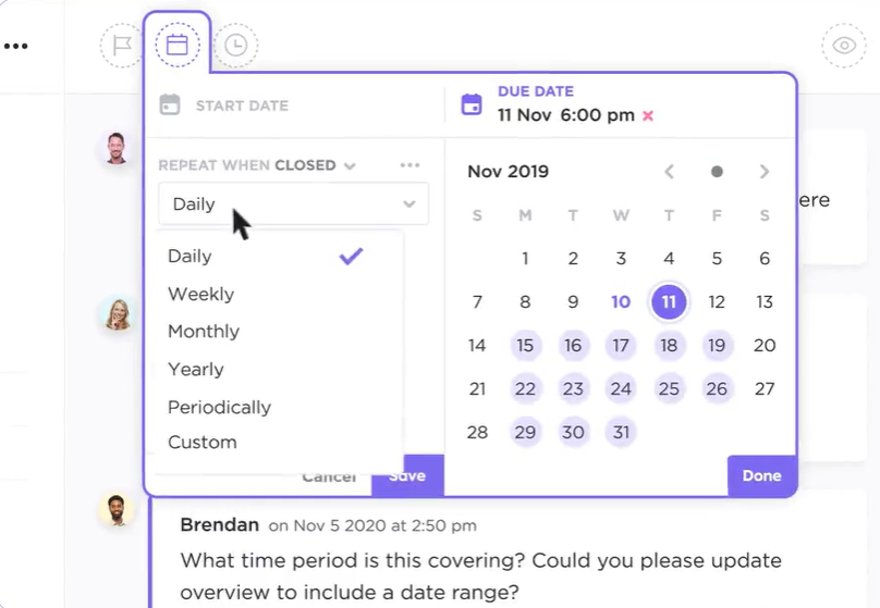 Set recurring meetings in ClickUp with flexible repeat options like daily, weekly, monthly, or custom cycles: Meeting Agenda 