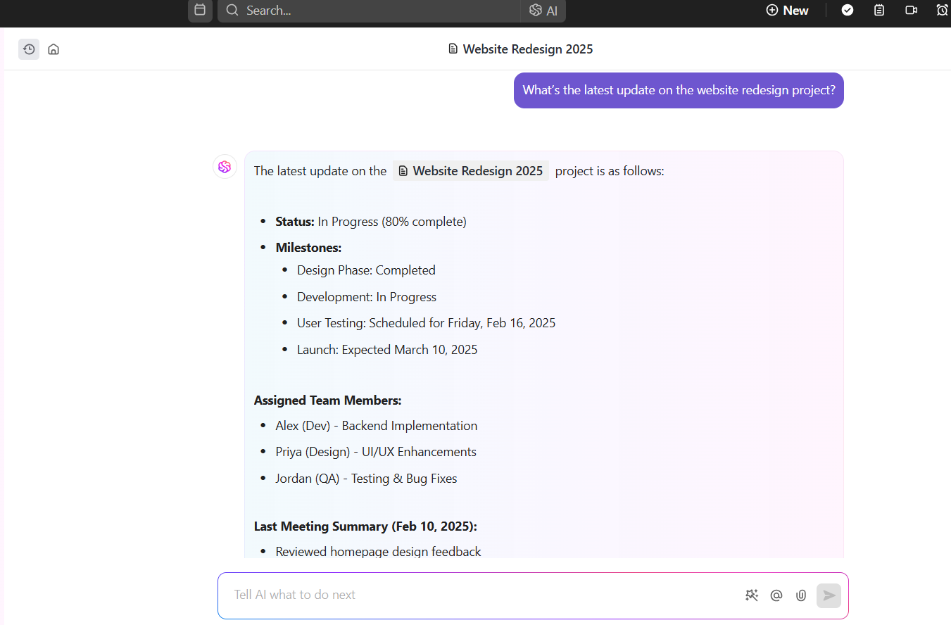 Surface key insights, follow-ups, project updates, and progress with ClickUp Brain