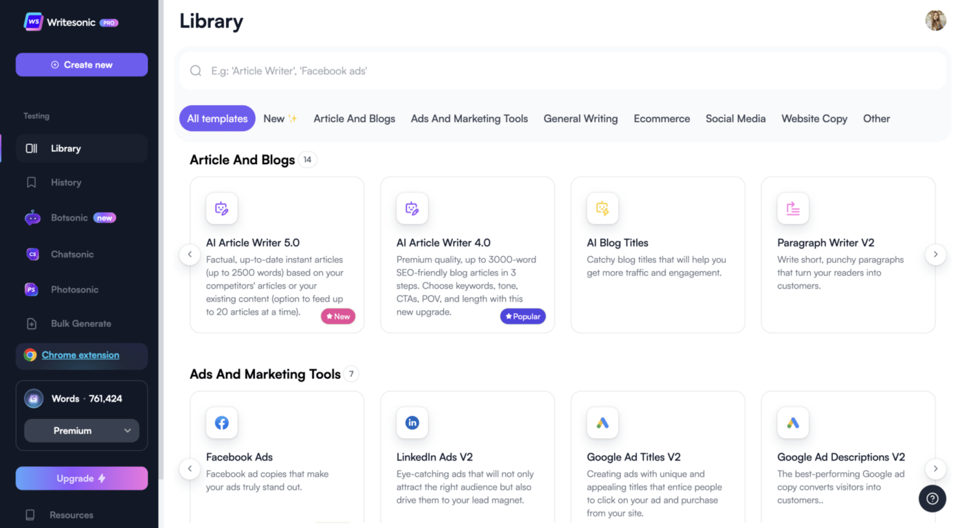 Writesonic Dashboard