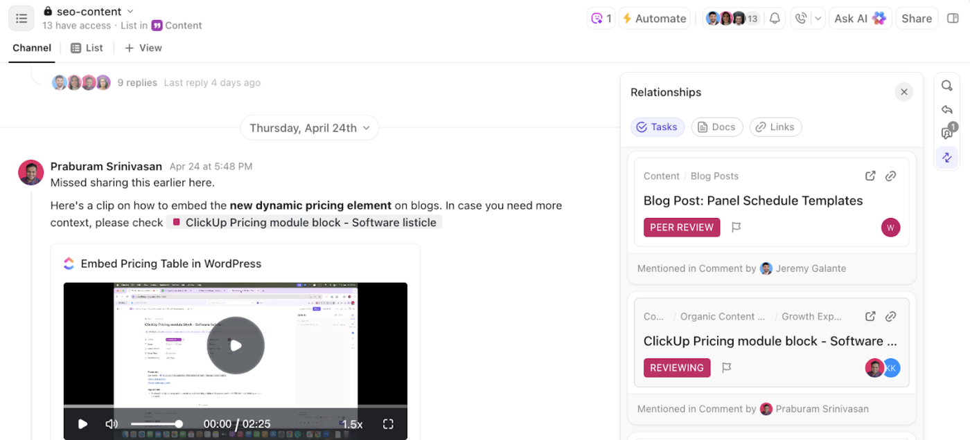 Link your conversations to your tasks and docs in ClickUp using ClickUp Chat