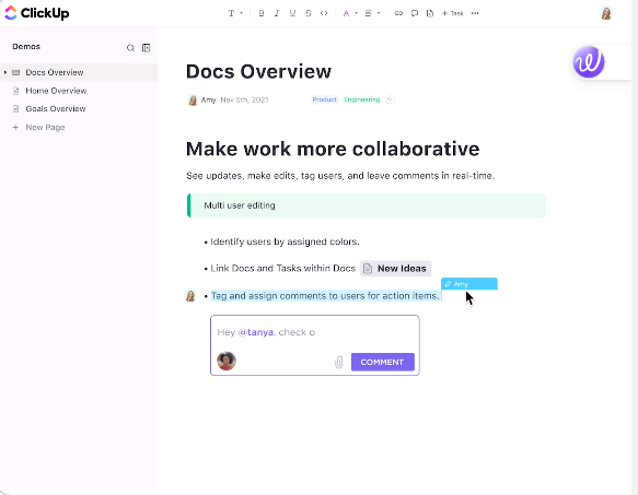 Easily format and collaborate on Docs alongside the team without overlap in ClickUp