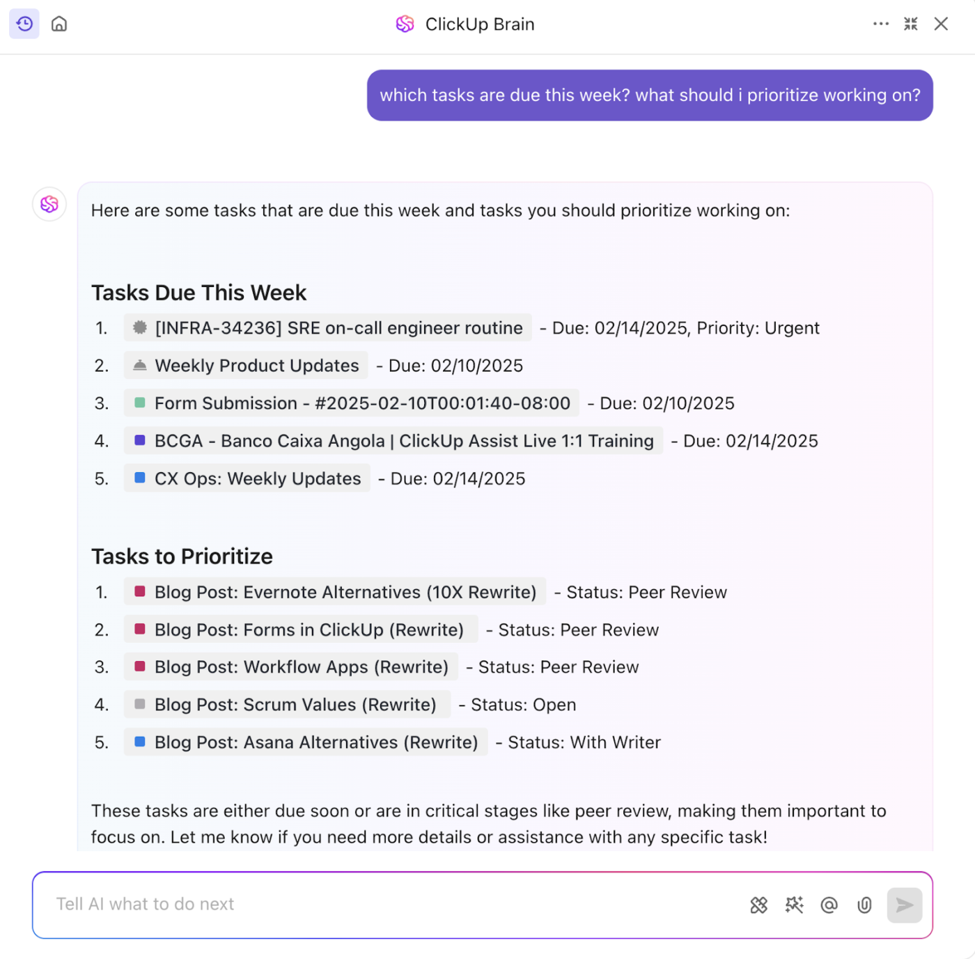 Use ClickUp Brain to seamlessly prioritize tasks for you