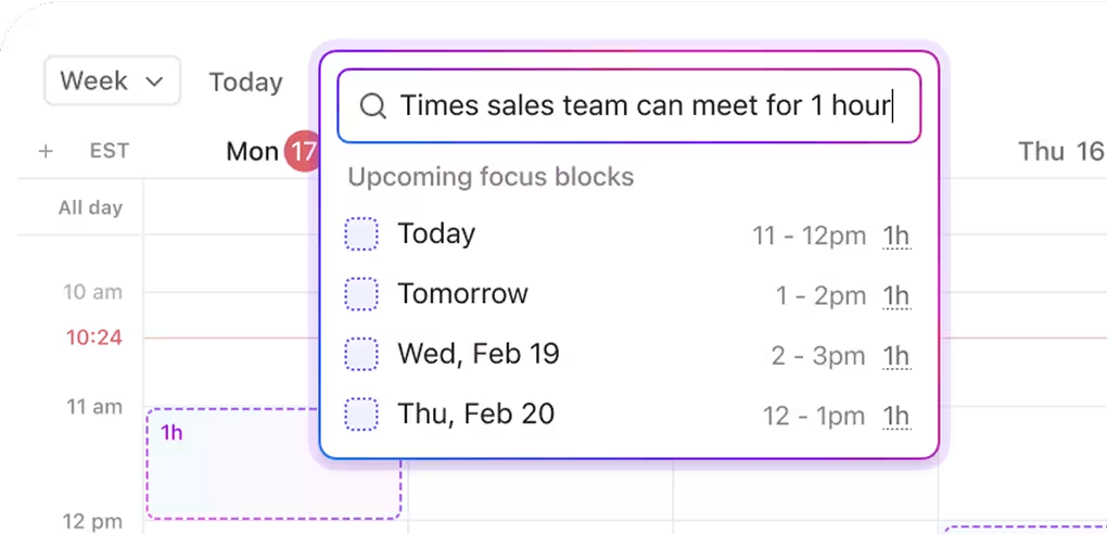 ClickUp Calendar intelligently helps you choose the right time slot 