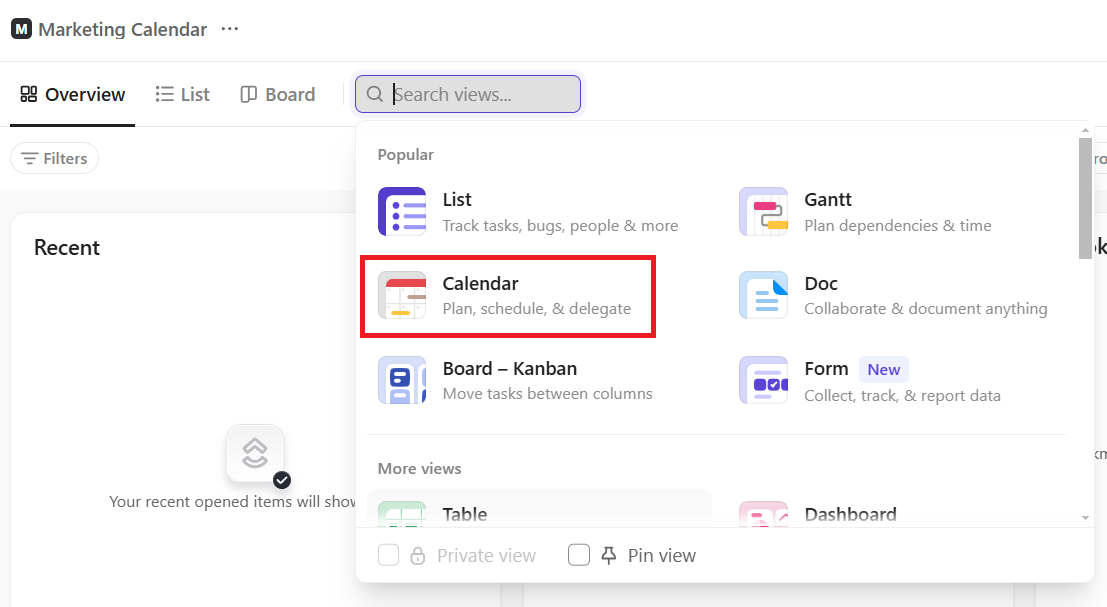Select the Calendar View 