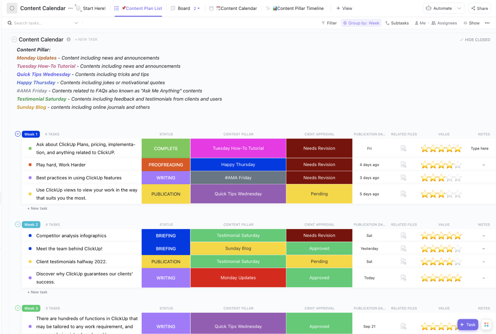 Simplify content planning, scheduling, and approval processes with the ClickUp Content Calendar Template