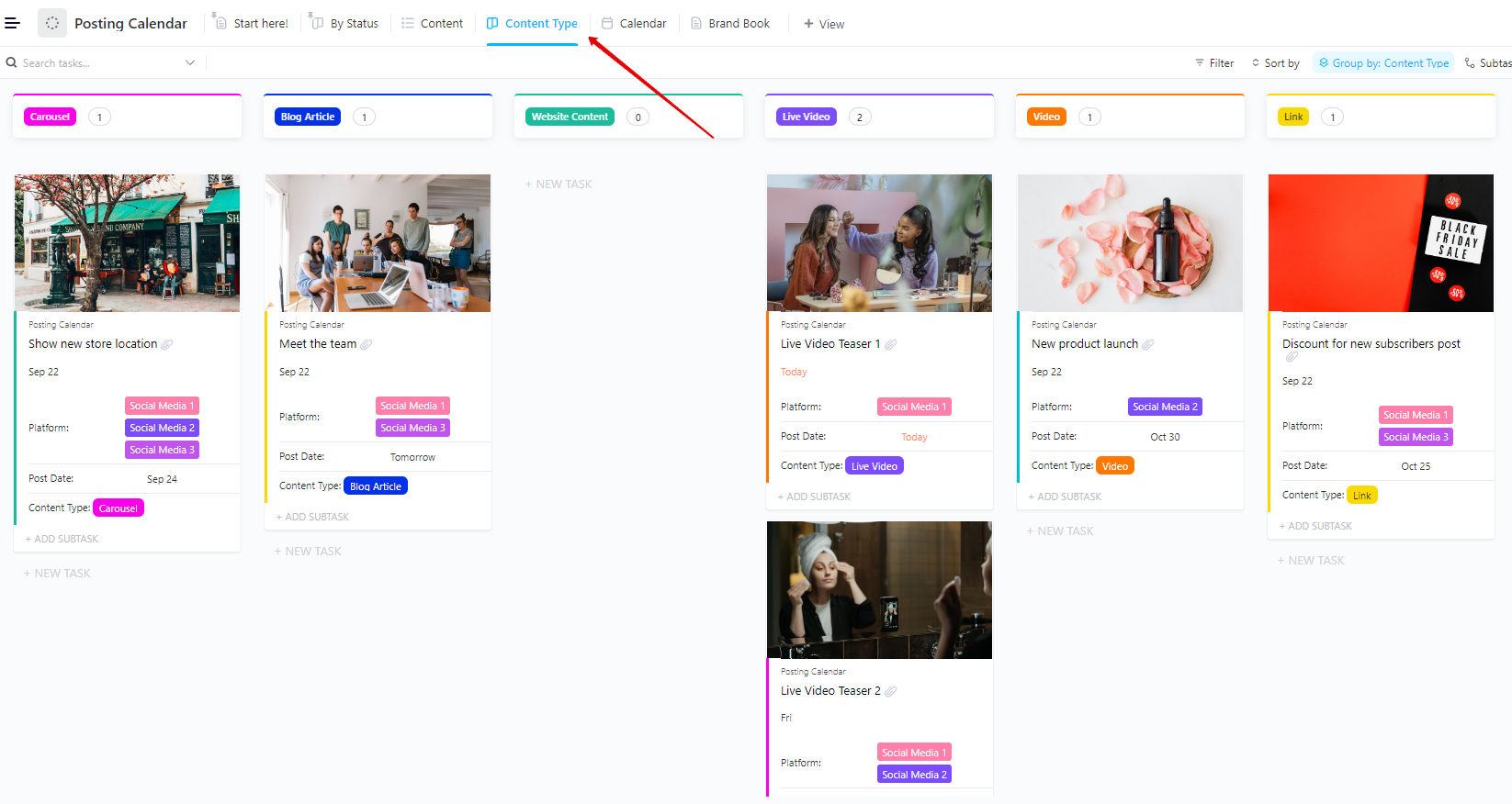 Streamline content scheduling and track progress across multiple platforms with the ClickUp Posting Calendar Template