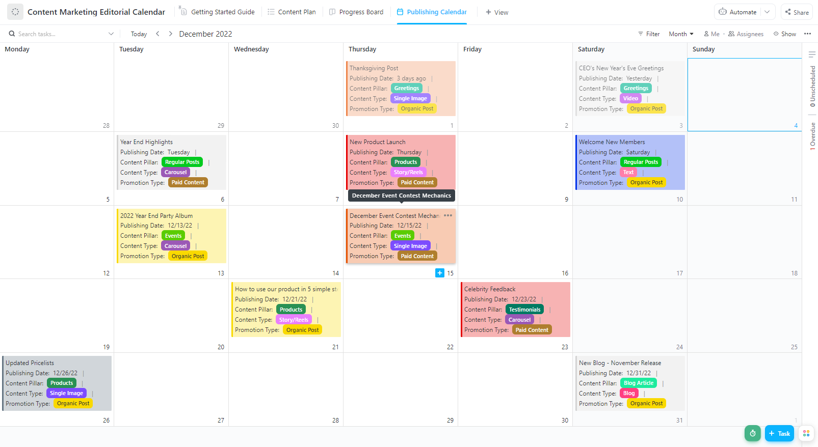 Visualize and manage your content marketing workflow with the ClickUp Content Marketing Editorial Calendar Template