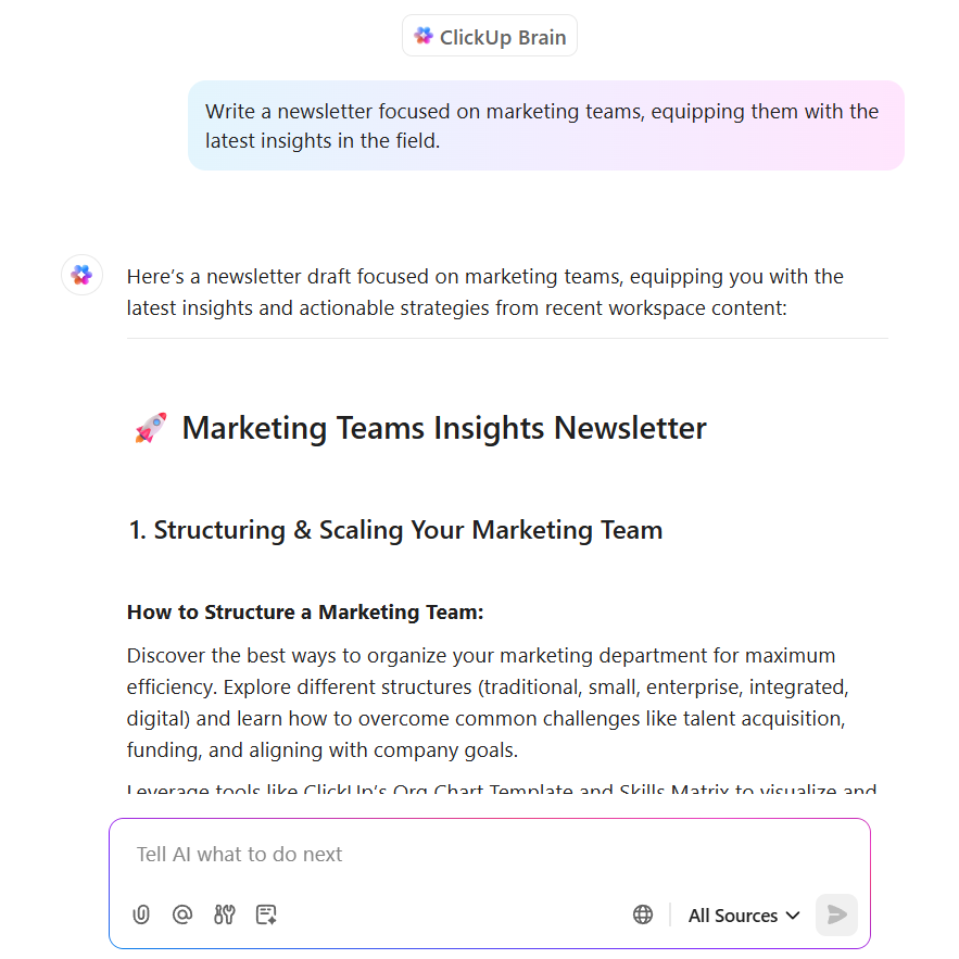 ClickUp Brain writing a newsletter